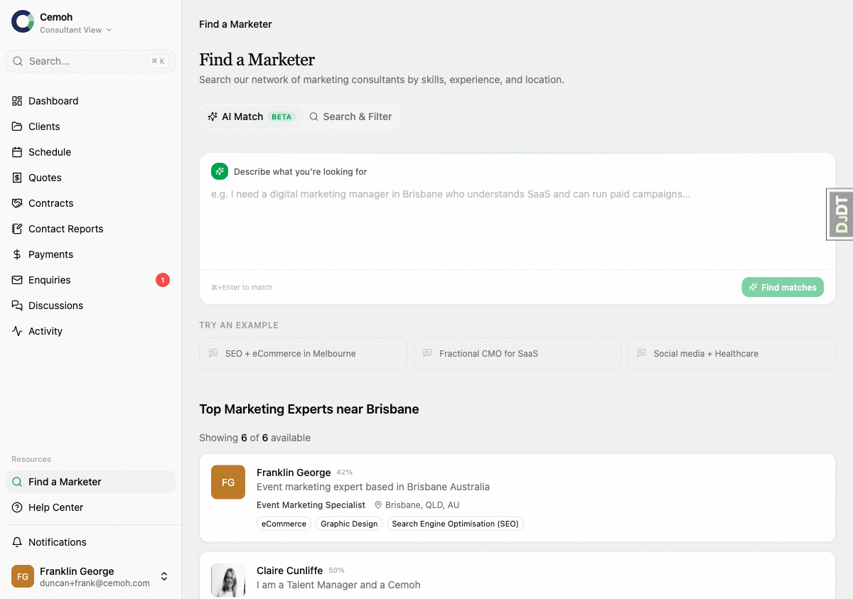 Consultant finder with AI match and search filters showing consultant results