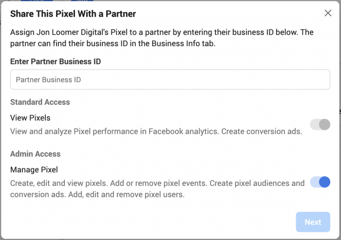 Facebook business manager share pixel with a partner